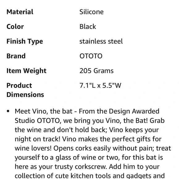 OTOTO Vino Bat Corkscrew and Bottle Opener. Wine -Halloween party - accessory - Picture 2 of 2